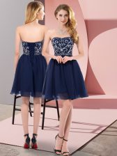  Navy Blue Empire Chiffon Sweetheart Sleeveless Beading Mini Length Lace Up Prom Evening Gown