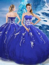  Sweetheart Sleeveless Quinceanera Gown Floor Length Appliques Blue Organza