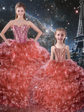 Unique Sleeveless Floor Length Beading and Ruffles Lace Up Quinceanera Dresses with Rust Red