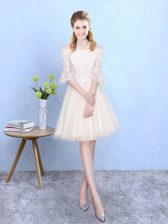 Trendy Knee Length Lace Up Quinceanera Dama Dress Champagne for Wedding Party with Lace