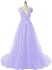  Lavender Backless V-neck Ruching Dress for Prom Organza Sleeveless Brush Train