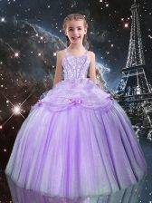 Simple Floor Length Lilac Child Pageant Dress Tulle Sleeveless Beading