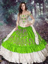 Affordable Taffeta Lace Up Off The Shoulder Sleeveless Floor Length Quinceanera Gowns Embroidery and Ruffled Layers