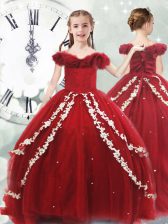  Appliques Little Girl Pageant Dress Wine Red Lace Up Sleeveless Brush Train