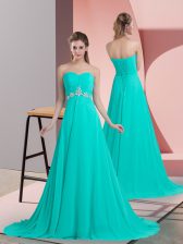  Turquoise Chiffon Lace Up Sweetheart Sleeveless Prom Dress Brush Train Beading