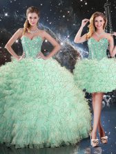 Edgy Apple Green Quince Ball Gowns Military Ball and Sweet 16 and Quinceanera with Beading and Ruffles Sweetheart Sleeveless Lace Up