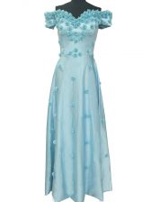 Charming Floor Length Zipper Dress for Prom Light Blue for Prom and Military Ball with Hand Made Flower