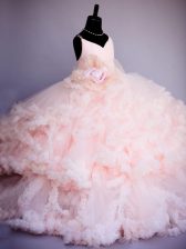  Tulle Spaghetti Straps Sleeveless Brush Train Criss Cross Ruffles and Hand Made Flower Little Girl Pageant Gowns in Baby Pink