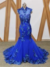 Fitting Royal Blue Sleeveless Brush Train Lace and Appliques Homecoming Dress