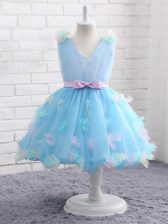 Cute Baby Blue Ball Gowns Organza Scoop Sleeveless Appliques and Hand Made Flower Knee Length Zipper Girls Pageant Dresses