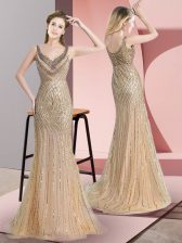 Fine Champagne Sleeveless Beading and Sequins Zipper Prom Evening Gown