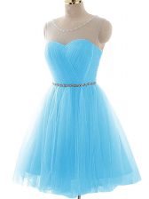 Chic Beading and Ruching Aqua Blue Lace Up Sleeveless Mini Length