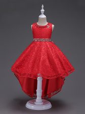 Sweet Red Little Girls Pageant Dress Wedding Party with Beading Scoop Sleeveless Lace Up