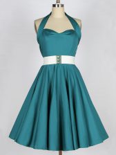  Teal Taffeta Lace Up Halter Top Sleeveless Knee Length Court Dresses for Sweet 16 Belt