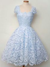  Light Blue A-line Straps Cap Sleeves Lace Knee Length Lace Up Lace Quinceanera Court of Honor Dress