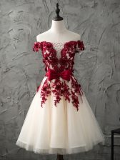 Sweet Sleeveless Knee Length Appliques and Bowknot Lace Up Dama Dress for Quinceanera with Champagne