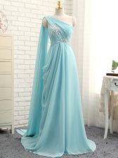 Comfortable Aqua Blue One Shoulder Zipper Beading and Ruching Vestidos de Damas Brush Train Sleeveless
