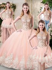 Spectacular High-neck Sleeveless Tulle Sweet 16 Dress Beading and Lace and Appliques Backless