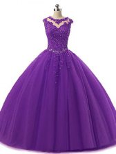 Nice Ball Gowns Sweet 16 Quinceanera Dress Dark Purple Scoop Tulle Sleeveless Floor Length Lace Up