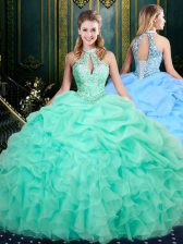 Trendy Apple Green Ball Gowns Beading and Ruffles and Pick Ups Ball Gown Prom Dress Lace Up Organza Sleeveless Floor Length
