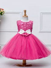  Knee Length Hot Pink Little Girls Pageant Dress Wholesale Tulle Sleeveless Lace and Bowknot