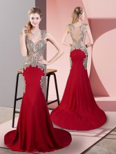  V-neck Sleeveless Elastic Woven Satin Prom Evening Gown Beading Brush Train Side Zipper