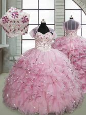 Adorable Baby Pink Spaghetti Straps Neckline Beading and Ruffles Kids Formal Wear Sleeveless Lace Up