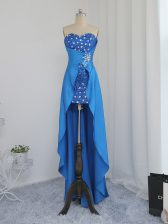  Sleeveless High Low Beading Zipper Prom Dresses with Blue