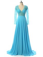Classical Zipper Prom Evening Gown Baby Blue for Prom and Sweet 16 with Beading Brush Train