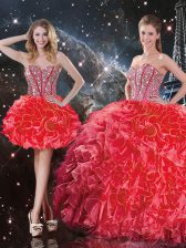 On Sale Coral Red Organza Lace Up Sweet 16 Quinceanera Dress Sleeveless Floor Length Beading and Ruffles
