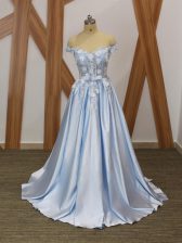 Glamorous Elastic Woven Satin Off The Shoulder Sleeveless Lace Up Appliques and Belt Prom Party Dress in Light Blue