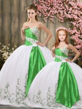  White Sweetheart Neckline Embroidery and Belt Quince Ball Gowns Sleeveless Lace Up