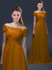  Brown Short Sleeves Chiffon Lace Up Prom Dress for Prom and Party