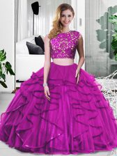  Sleeveless Floor Length Lace and Ruffles Zipper Ball Gown Prom Dress with Fuchsia