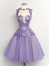 Excellent Knee Length Lilac Dama Dress Chiffon Sleeveless Lace