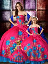 Low Price Hot Pink Strapless Neckline Embroidery Quinceanera Dress Sleeveless Lace Up