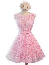  Knee Length Baby Pink Quinceanera Dama Dress Scoop Sleeveless Lace Up