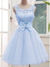 Elegant Lavender Tulle Lace Up Scoop Sleeveless Knee Length Dama Dress for Quinceanera Lace