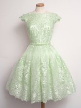 Sophisticated Cap Sleeves Knee Length Lace Lace Up Dama Dress for Quinceanera with Yellow Green
