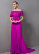 Noble Off The Shoulder Short Sleeves Sweep Train Zipper Evening Dress Fuchsia Chiffon