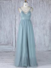 Enchanting Sleeveless Tulle Floor Length Zipper Quinceanera Court of Honor Dress in Grey with Lace