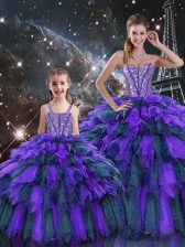 Customized Multi-color Ball Gowns Sweetheart Sleeveless Organza Floor Length Lace Up Beading and Ruffles and Ruffled Layers Quince Ball Gowns