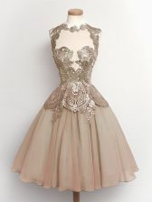 Sophisticated Brown A-line Chiffon High-neck Sleeveless Lace Knee Length Lace Up Dama Dress