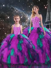  Multi-color Ball Gowns Beading and Ruffles 15 Quinceanera Dress Lace Up Organza Sleeveless Floor Length
