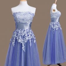 Hot Selling Sleeveless Tea Length Appliques Lace Up Quinceanera Court Dresses with Lavender