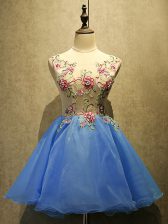 Best Selling Blue A-line Embroidery Prom Gown Lace Up Organza Sleeveless Mini Length