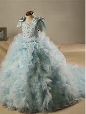 Graceful Light Blue Sleeveless Tulle Brush Train Zipper Girls Pageant Dresses for Wedding Party