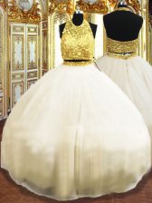  Floor Length Champagne Quinceanera Gown Tulle Sleeveless Beading