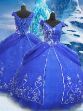  Floor Length Lace Up Sweet 16 Quinceanera Dress Blue for Military Ball and Sweet 16 and Quinceanera with Beading and Appliques