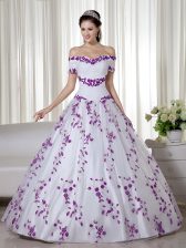  White Short Sleeves Embroidery Floor Length Sweet 16 Dresses